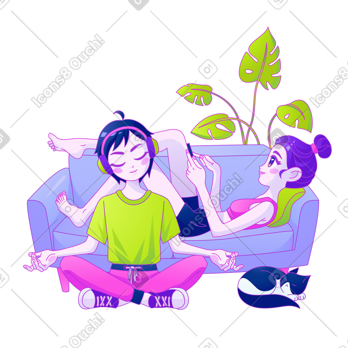 Illustration Adolescents se relaxant à la maison sur le canapé avec un chat dans style Experimental télécharger aux formats PNG, SVG