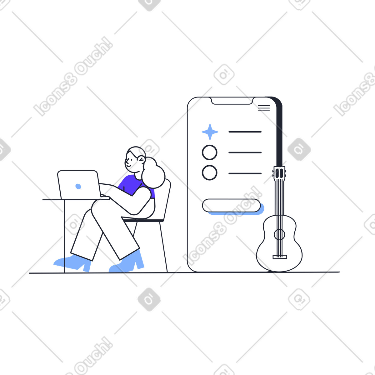 Shopping online for musical instruments, Digital music store browsing illustrazione in stile Pablita scarica in PNG, SVG