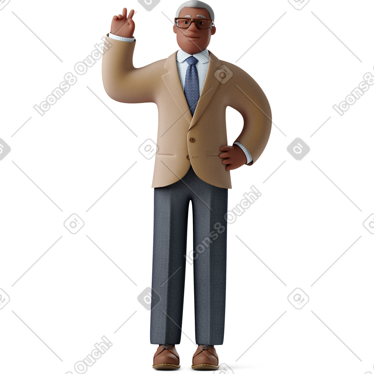 3D Business スタイルの 立って腰に手でvサインを示す老人実業家 のイラストをPNG、SVG形式でダウンロード