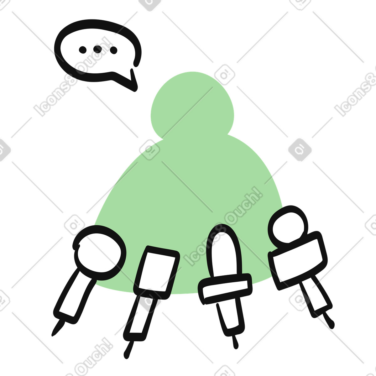 Ilustración Interview microphones pointed toward speaker silhouette with speech bubble en estilo Organic a descargar en PNG y SVG