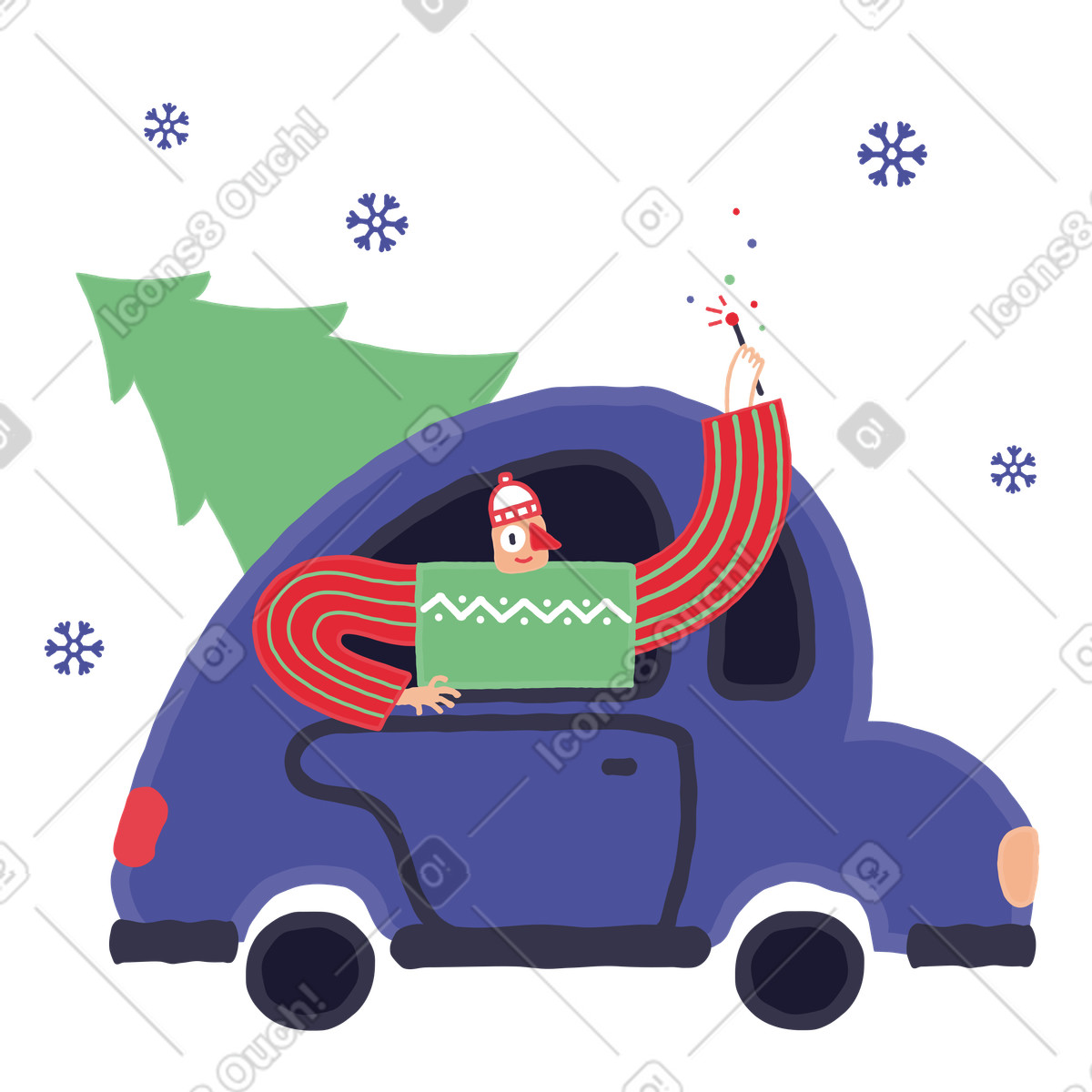 Man driving a car with christmas tree illustration in Stripy style download in PNG, SVG