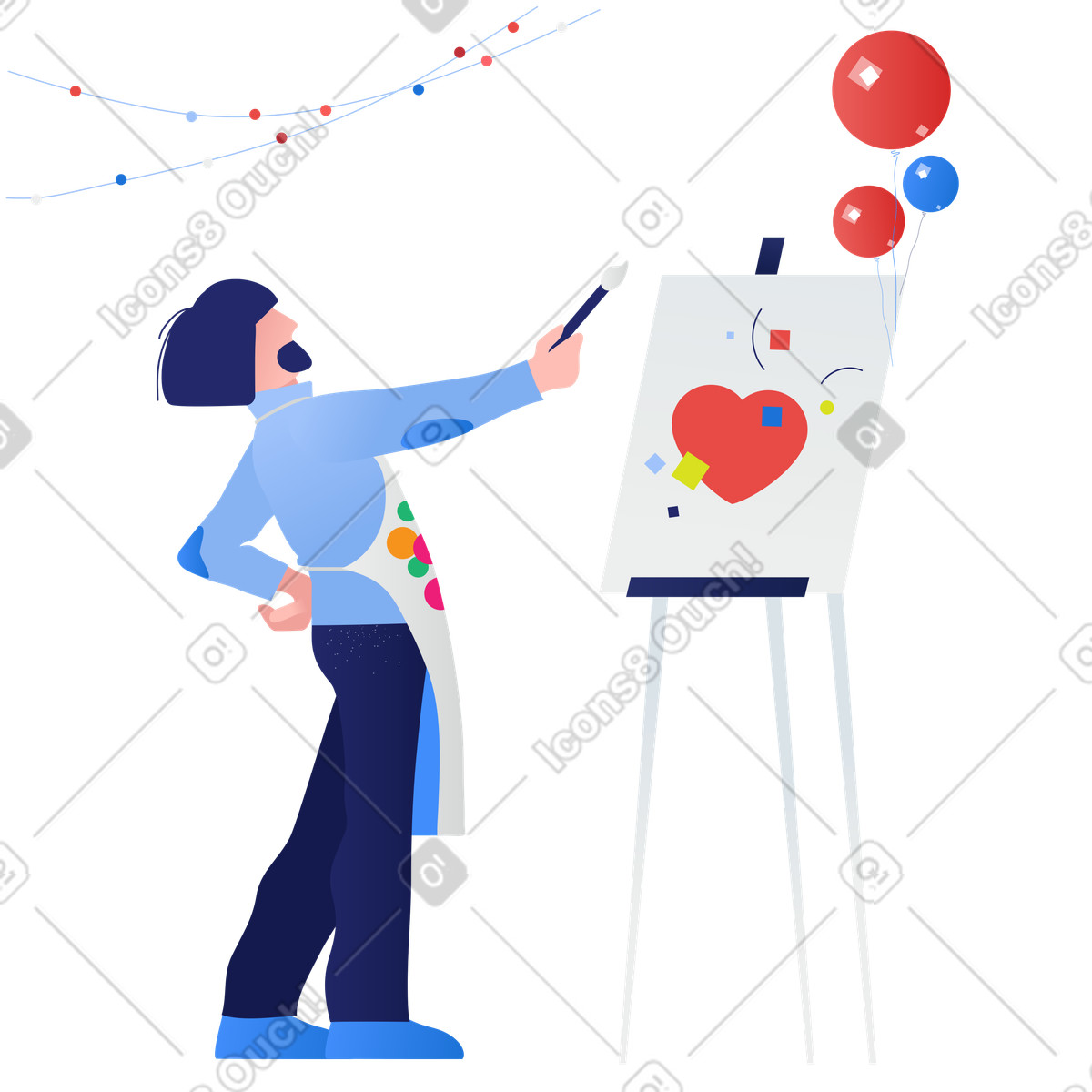 Valentine greeting and romantic creativity, artist painting heart on easel illustration in Clip style download in PNG, SVG
