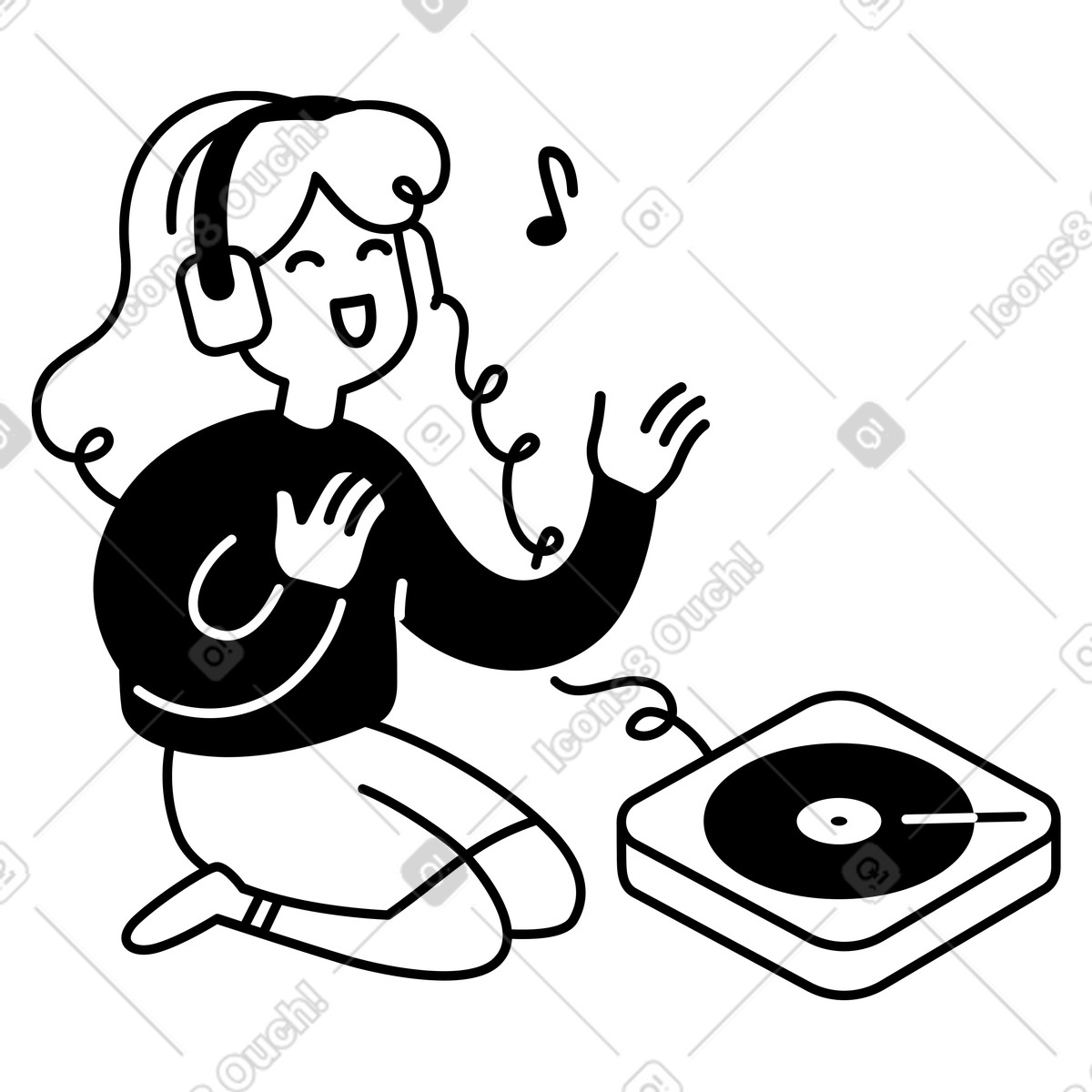 Notion Line Art スタイルの Headphones listener enjoying music from vinyl record player while singing のイラストをPNG、SVG形式でダウンロード
