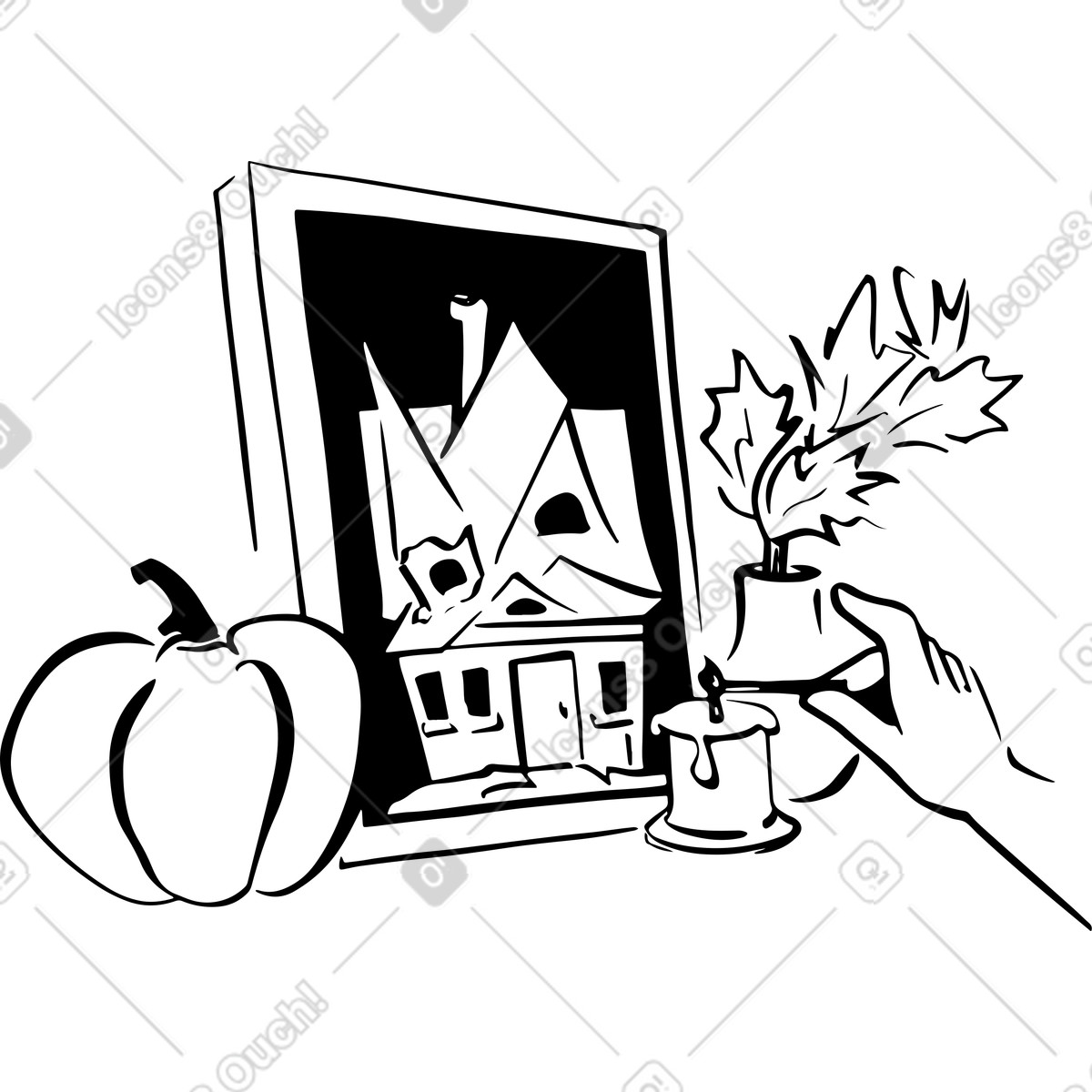 Stillleben mit gemälde, kürbis, hand zündet kerze an-Illustration im Line-Stil als Download in PNG, SVG