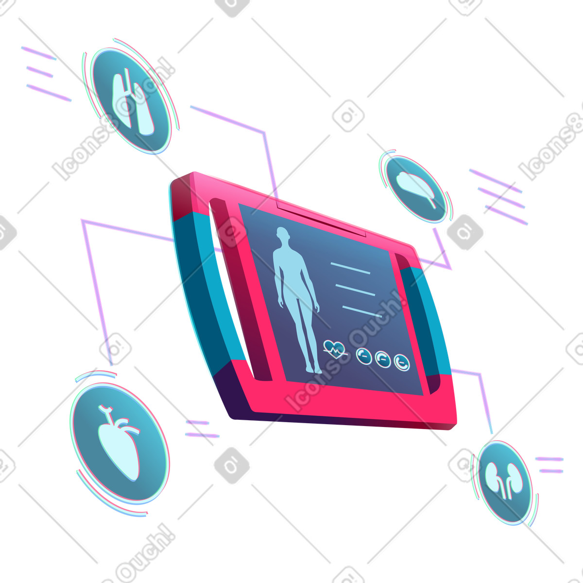 Tablet mit medizinischen gesundheitsindikatoren-Illustration im Neon-Stil als Download in PNG, SVG