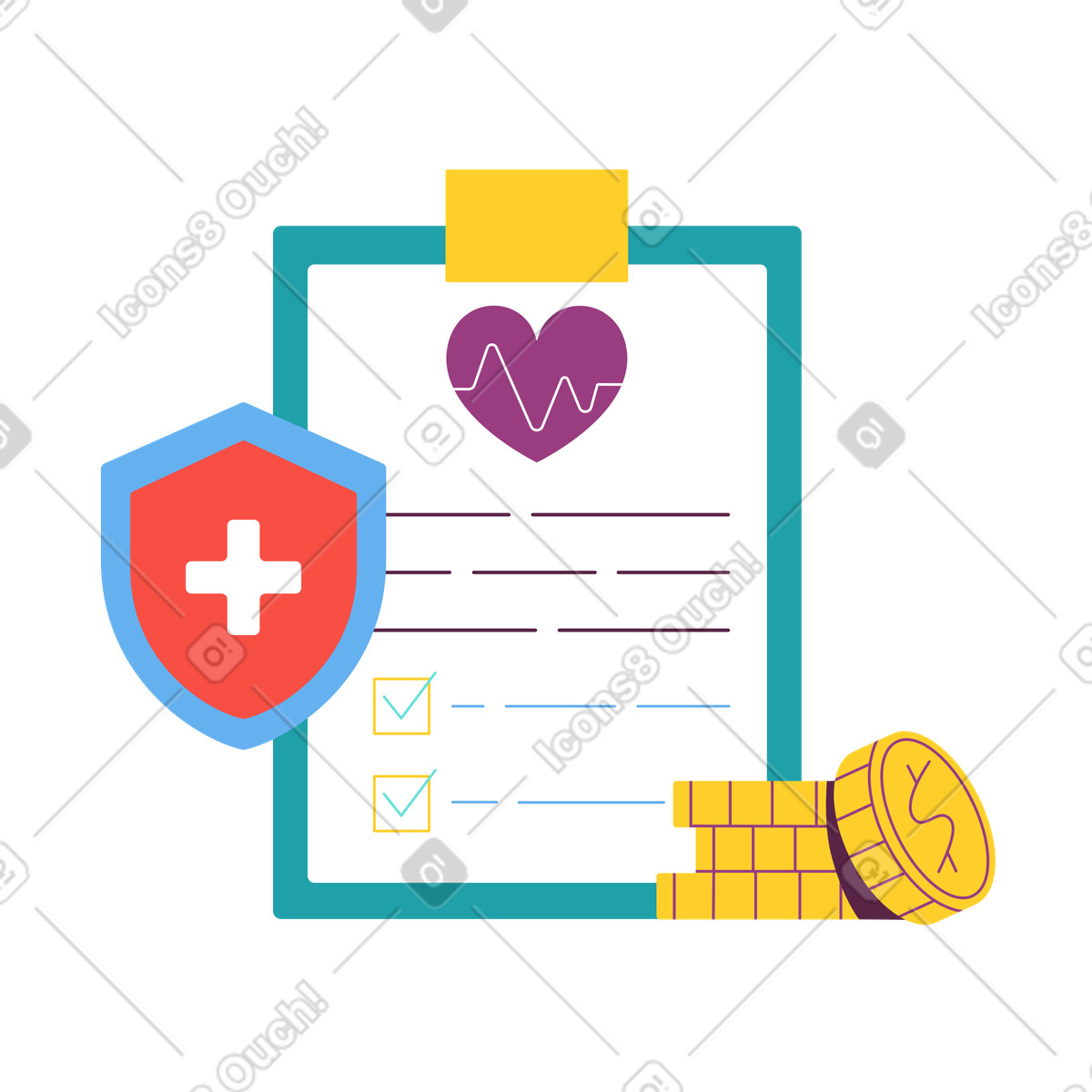 Medical insurance clipboard with coins animated illustration in Sammy style download in GIF, Lottie (JSON), AE