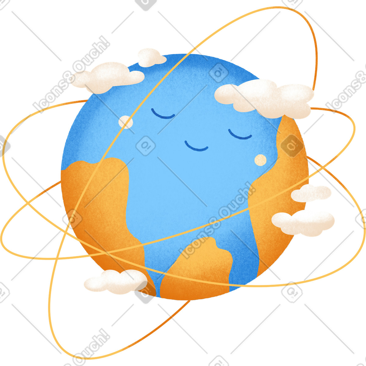 Illustration Planète terre avec un sourire et entourée de nuages d'orbites jaunes dans le style Gleam à télécharger aux formats PNG, SVG