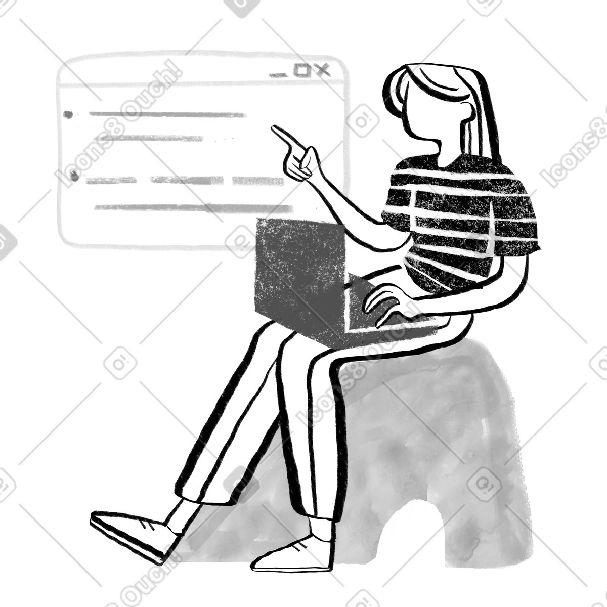 Black and white woman with long hair programming on a laptop illustrazione in stile Company scarica in PNG, SVG