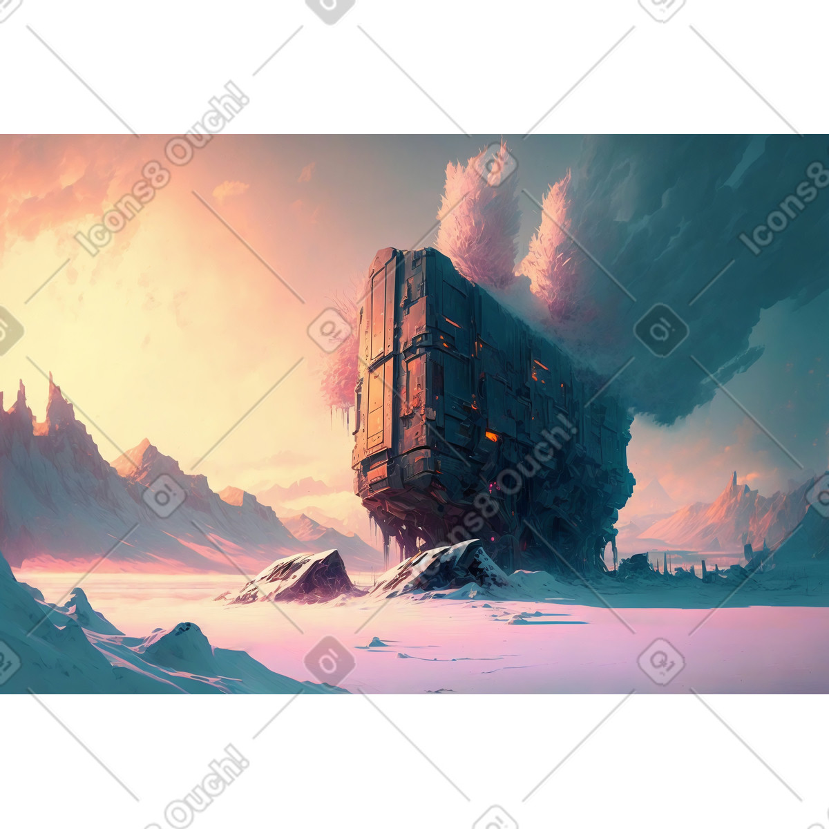 Empty winter landscape with futuristic building background illustration in Experimental style download in PNG, SVG
