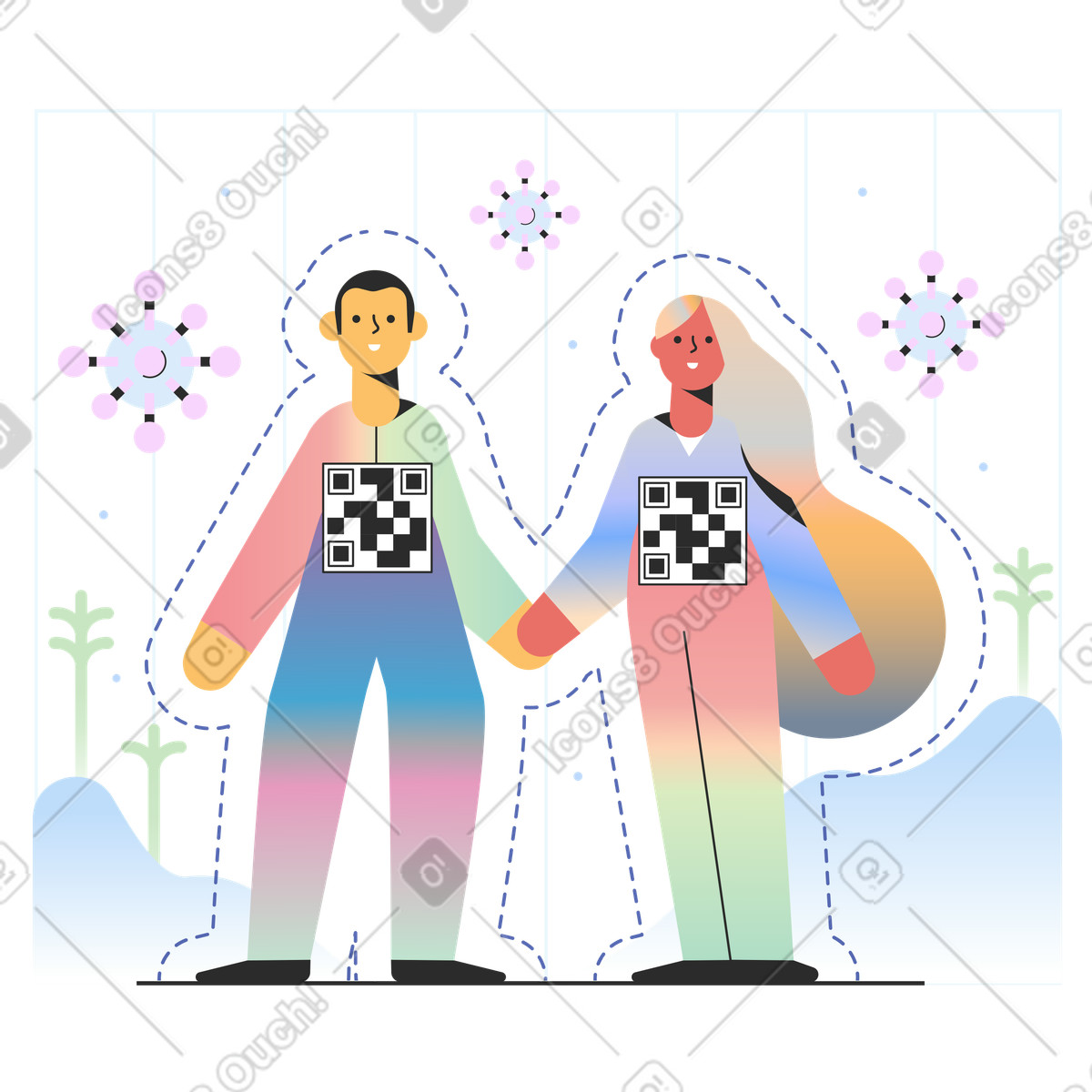 Coppia vaccinata con qr-code illustration in PNG, SVG