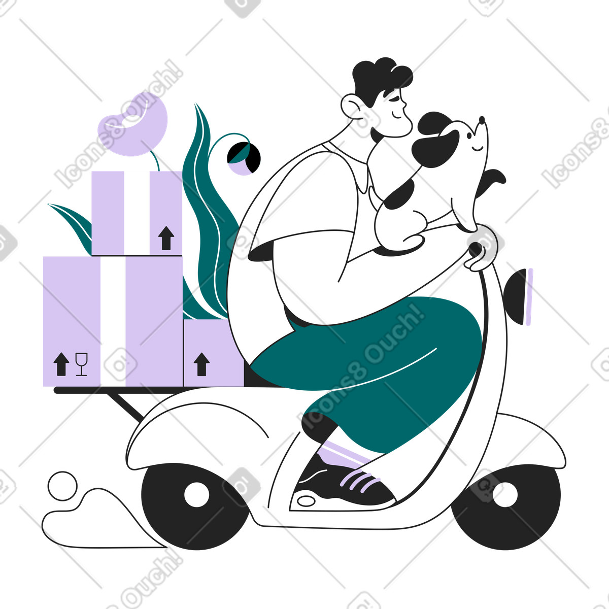 下载 Sammy Line 风格的 Smiling courier and dog riding moped with parcels, Fast delivery logistics 动画插图，支持 GIF、Lottie （JSON）、AE 格式