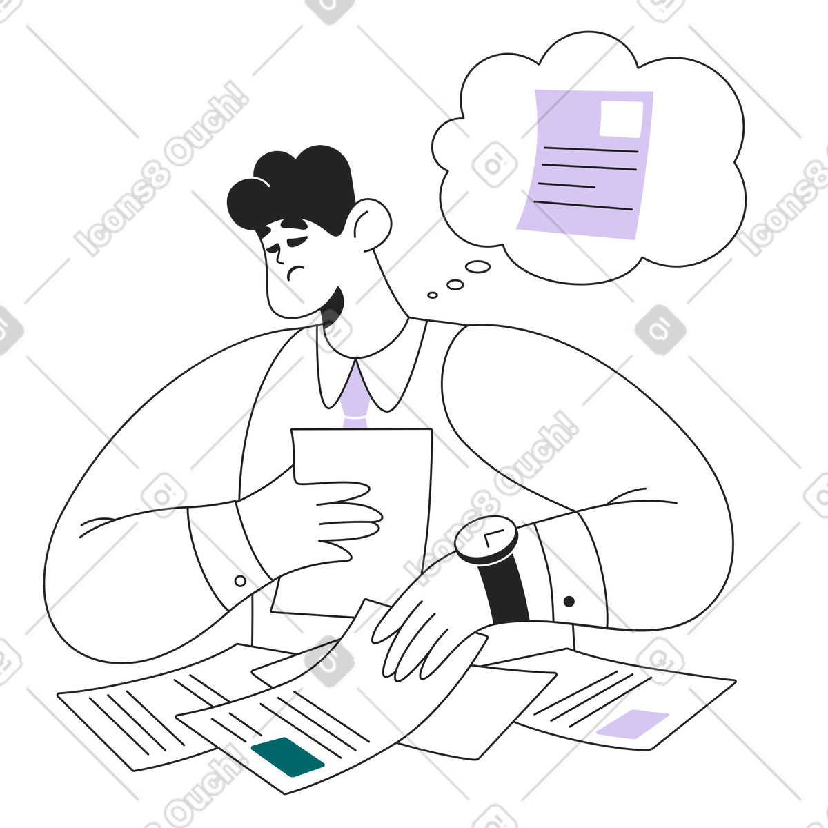 Ilustração de Sad office worker looking for document, Page not found concept em no estilo Sammy Line para baixar em PNG, SVG
