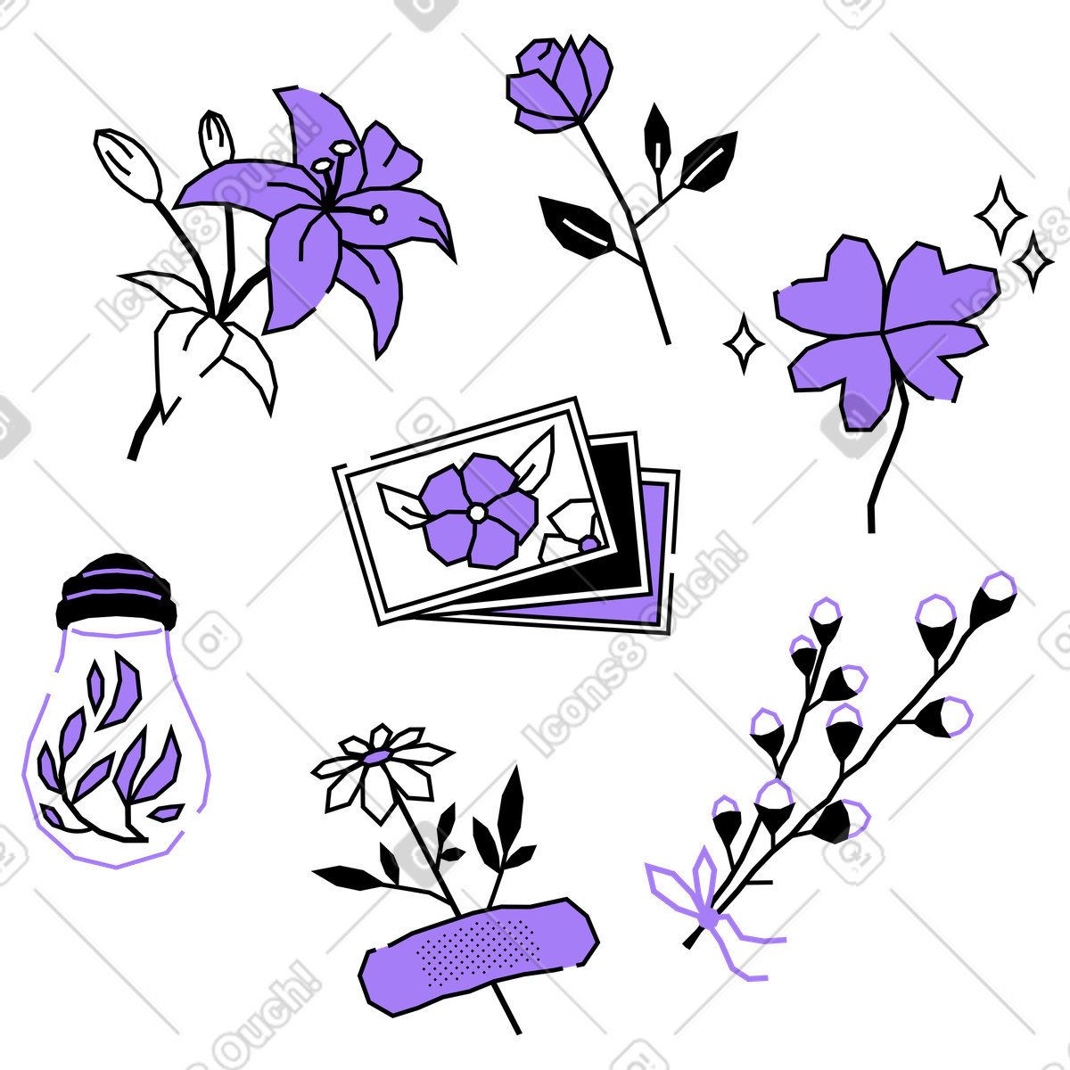 Illustration Collection de fleurs et plantes dans le style Amethyst à télécharger aux formats PNG, SVG