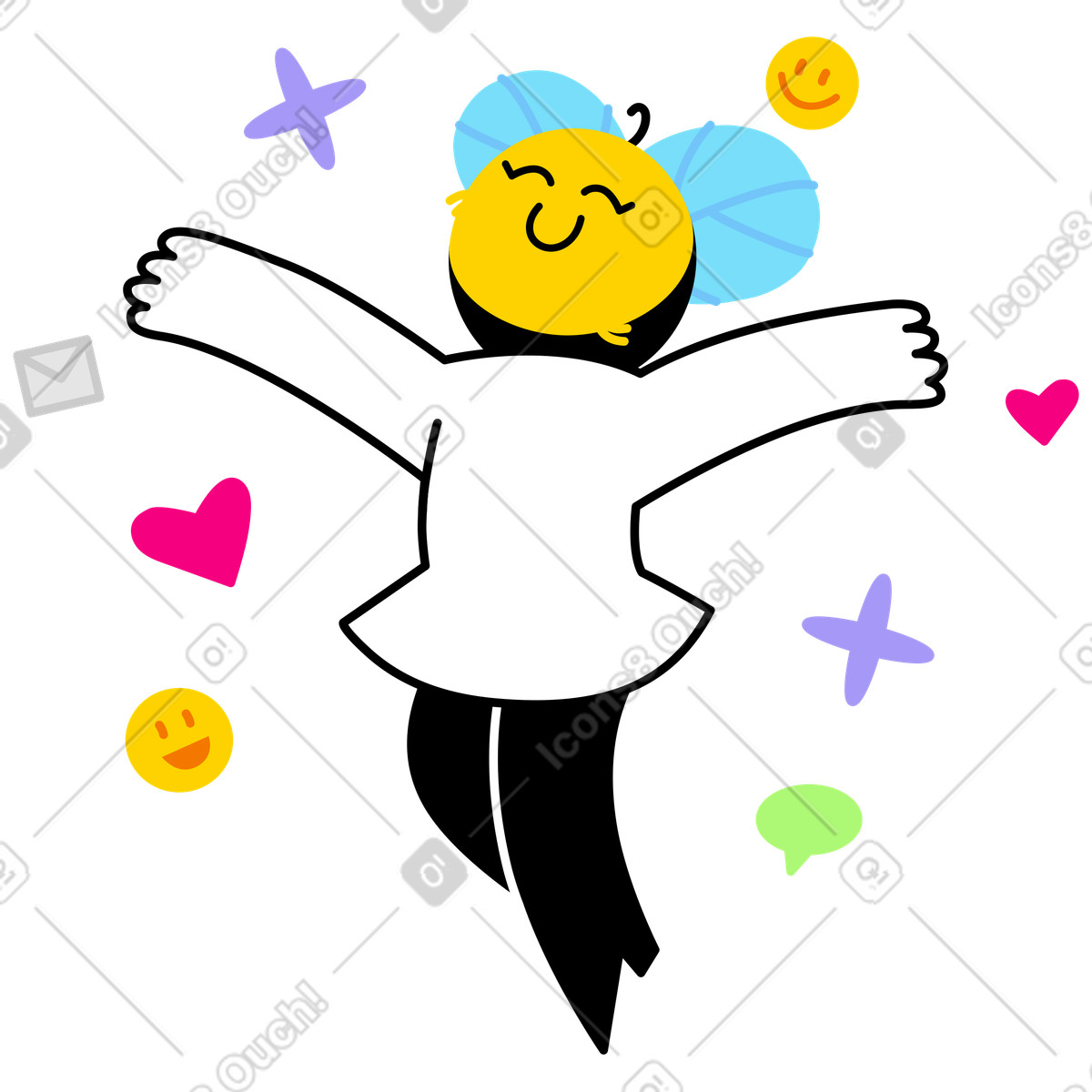 Charakter mit offenen armen, umgeben von social-media-interaktionen, verbreitung positivität in der digitalen kommunikation animierte Illustration im Giggle-Stil als Download GIF, Lottie (JSON), AE