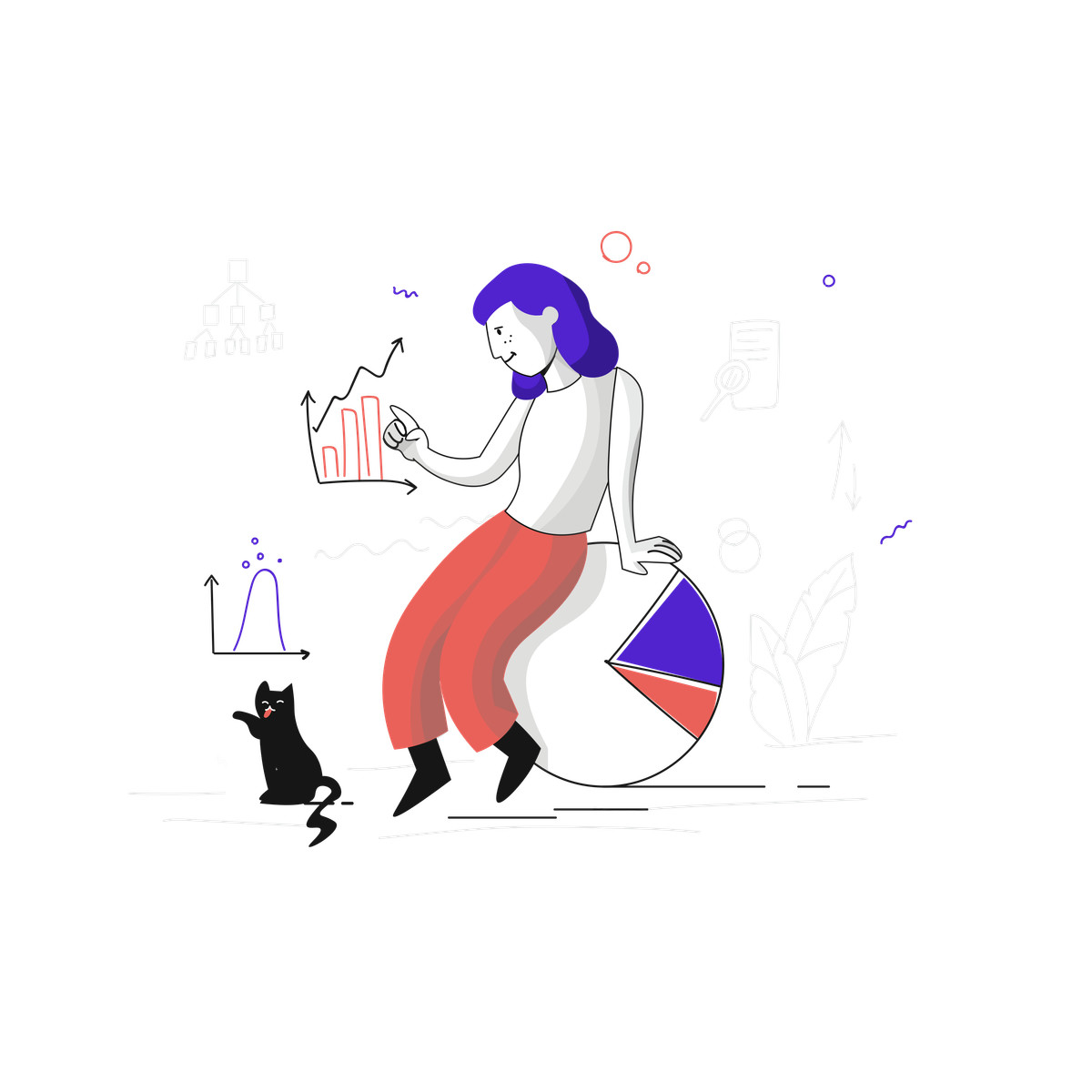 Pixeltrue スタイルの Data analyst reviewing charts and graphs, Performance tracking business intelligence のイラストをPNG、SVG形式でダウンロード