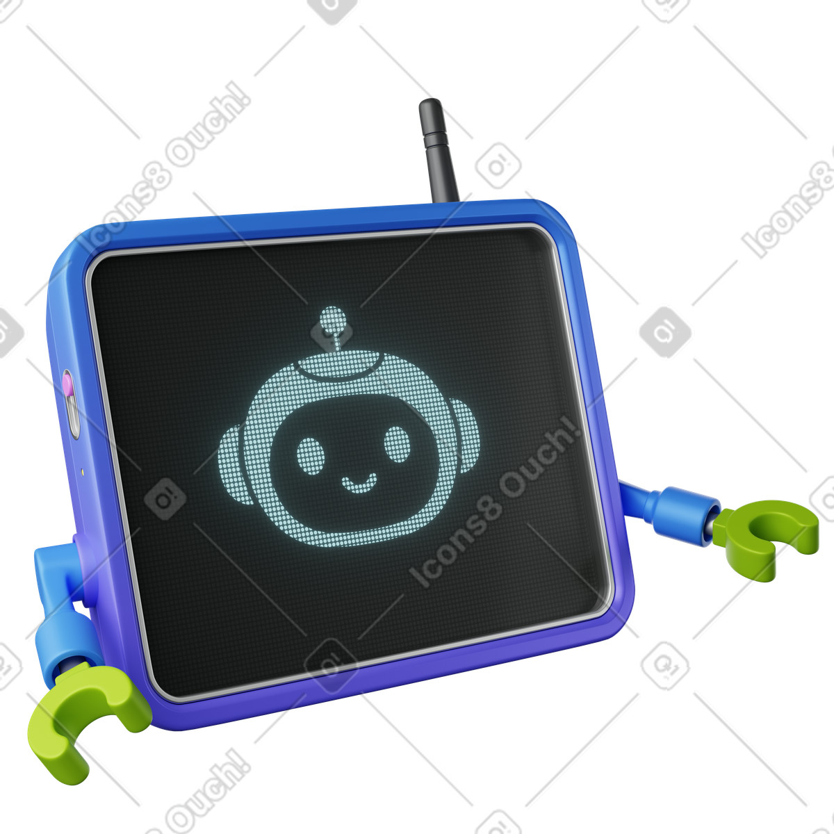 Ilustração de Ai assistant robot face glowing on digital tablet communication device em no estilo 3D Plastic para baixar em PNG, SVG