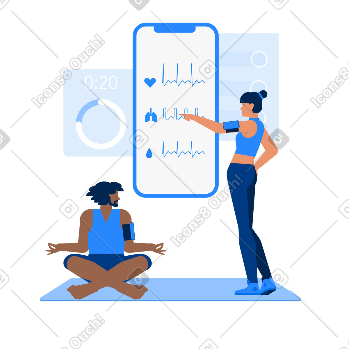 Urban スタイルの People using fitness trackers with health app dashboard, Activity tracking and wellness monitoring のイラストをPNG、SVG形式でダウンロード