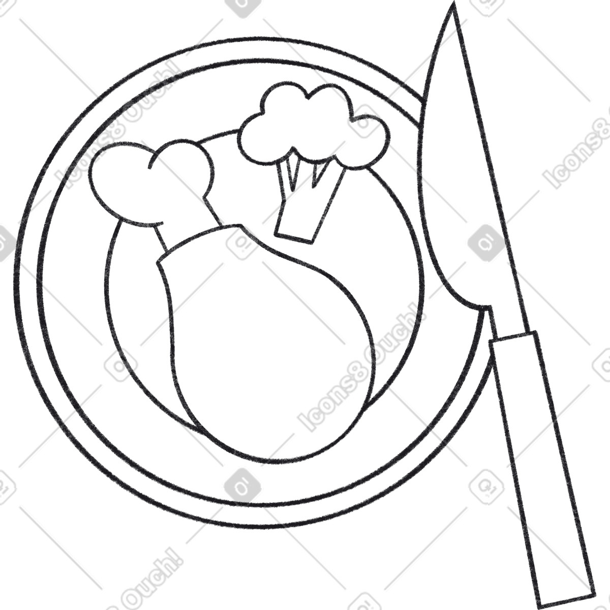 Ilustración Plate with chicken broccoli and knife en estilo Bonbon Line a descargar en PNG y SVG