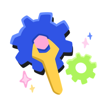 A blue gear with a wrench and sparkles - Bouncy style illustration