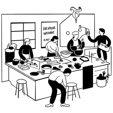 A group of people gathered in a spacious kitchen with wooden countertops, engaged in preparing traditional Thai dishes. Some participants are chopping fresh vegetables while others are stirring large pots on the stove. Various Thai ingredients such as lemongrass, chili peppers, and basil are displayed on the counters. "Welcome to our cooking class" is written on a chalkboard in the background. Large windows allow natural light to illuminate the scene, highlighting the vibrant interactions among the participants.