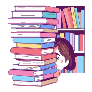 A person with brown hair is hiding behind a tall stack of colorful books. The fortress of books is made up of various sizes and genres, creating a vibrant wall. The person is peeking out cautiously, with wide eyes and a subtle expression of curiosity. The background is filled with shelves of books, adding depth to the scene. Soft light filters in, casting gentle shadows around the person and the books.