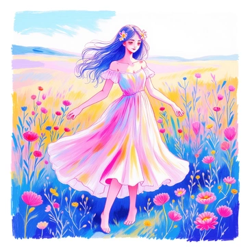 A model is standing gracefully in an open field. She is wearing a light, ethereal dress that appears to be made of transparent flower petals, softly draping around her figure. The petals are various shades of pastel colors, allowing natural sunlight to filter through, creating a gentle glow. Her long hair flows in the breeze, adorned with small, delicate flowers. The background features soft greenery and hints of colorful wildflowers, enhancing the whimsical atmosphere of the scene.
