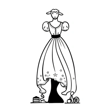 A dressmaker's mannequin with a sheep's head stands upright on a wooden pedestal. The mannequin is draped in an intricate vintage gown that cascades elegantly to the floor, showcasing delicate lace and floral patterns. The gown features puffed sleeves and is cinched at the waist with a satin ribbon, enhancing its classic silhouette. Soft folds and drapery of the fabric create a sense of movement, while the sheep's head adds an unusual contrast atop the form. The setting includes sewing tools scattered nearby, such as scissors and spools of thread, enhancing the atmosphere of a tailor's workshop.
