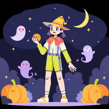 A trainer wearing a colorful Halloween costume, featuring a playful witch hat and a flowing cape, stands in a dimly lit park. The scene is illuminated by glowing jack-o'-lanterns scattered around. The trainer is holding a Poké Ball, ready to catch ghost-type Pokémon that are floating nearby. Several ghost-types, like a small, cute Gengar and a mischievous Drifloon, can be seen hovering in the air, surrounded by swirling mist. The night sky is filled with a crescent moon and twinkling stars, enhancing the spooky atmosphere of the event.