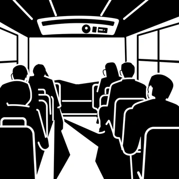 A group of passengers sitting inside a bus, arranged in rows. They are gazing out through large windows. The silhouettes of the passengers can be seen, with some leaning forward and others reclining in their seats. The bus interior is detailed with overhead lights and a handrail. The setting sun casts elongated shadows across the aisle, creating dynamic patterns. The horizon outside presents a view of gentle hills and a vast sky, emphasizing the moment of twilight.