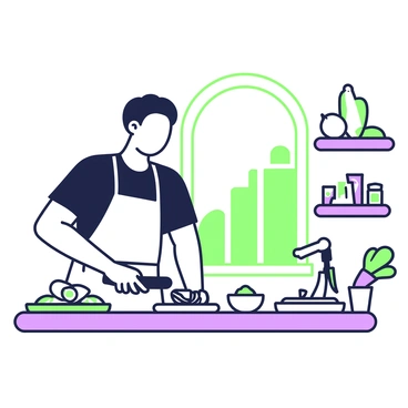 A chef is standing in a bright kitchen, focused on experimenting with new recipes. On the counter, there are various food items scattered, including carrot tops, onion peels, and celery leaves. The chef, wearing a white apron over a black shirt, is chopping the carrot tops with a knife. To the side, a cutting board displays diced vegetables and a small bowl filled with a vibrant green paste made from the carrot tops. In the background, shelves are stocked with jars of spices and cooking utensils, while a large window lets in natural light, illuminating the area.