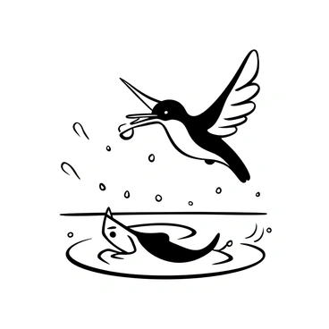 A kingfisher in mid-flight is breaking the surface of a body of water, sending droplets splashing in all directions. The bird has vibrant feathers and a streamlined body, with its wings extended. Below, a fish is in the kingfisher's beak, creating a contrast with the water as it struggles. The scene captures the motion of both the bird and the water, emphasizing the energy of the moment. The background shows ripples spreading outward from the point of impact.