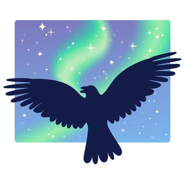 A silhouette of a thunderbird against a starry night sky with the northern lights in the background