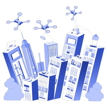A futuristic cityscape is depicted with numerous high-rise buildings reaching up into the skyline. Drones are flying through the air, carrying packages underneath them. Each drone has four propellers and is equipped with bright lights. The packages are dropping from the drones towards various balconies on the buildings. Some balconies are adorned with greenery and outdoor furniture, while others display bright screens and lights. A network of aerial pathways connects the drones, creating a bustling atmosphere in the city. The buildings reflect a modern architectural design with glass facades and unique shapes.
