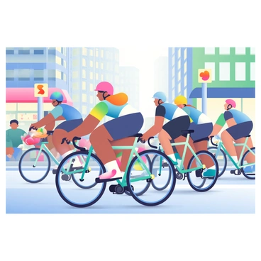 A diverse group of cyclists is racing at high speed through urban streets. The cyclists are wearing colorful helmets and tight-fitting jerseys, showcasing a variety of designs and colors. Some cyclists have water bottles attached to their bikes, and the wheels are spinning rapidly, creating motion blur effects. Tall buildings line the street, with shopfronts displaying vibrant signs. Traffic lights are visible, and a few pedestrians are watching the race with excitement. The pavement is wet, reflecting the bright city lights above.
