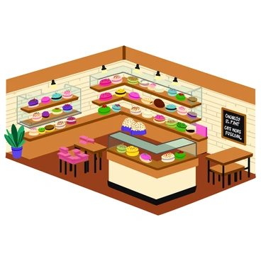 A stylish bakery interior featuring wooden shelves showcasing an array of colorful pastries. The pastries include macarons in pastel shades, éclairs with glossy icing, and vibrant cupcakes with decorative sprinkles. The rustic interior has exposed brick walls and wooden beams, with warm lighting illuminating the space. There are small tables with simple chairs, and a chalkboard displaying the day's specials. A large glass display case holds an assortment of freshly baked goods, emphasizing the inviting atmosphere.