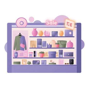 A digital flat illustration depicting a virtual storefront designed with a sleek, modern aesthetic. The storefront features a wide array of products displayed prominently on a digital platform. There are various items such as colorful clothing, electronics, and home decor arranged neatly on shelves. The clothing items are vibrant, showcasing different styles and patterns. Several electronic gadgets, like smartphones and headphones, are displayed at eye level. The home decor items, including vases and picture frames, add a touch of warmth. The background includes abstract shapes in muted colors, enhancing the focus on the products. A glowing "Sale" sign is situated at the top of the storefront, attracting attention.