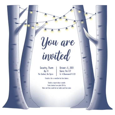 An invitation design featuring a rustic forest theme. The background is filled with tall, slender trees with textured bark, their dark silhouettes outlined against a soft, blurred design. Delicate fairy lights are strung between the branches, glowing softly, creating a whimsical atmosphere. "You are invited" is prominently displayed in an elegant font at the top, while details of the event such as date, time, and location are neatly arranged below in a complementary style. The overall composition exudes a natural, inviting feel, perfect for an outdoor gathering.