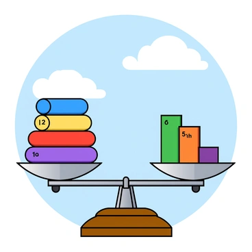 A large, traditional balance scale made of shiny metal, standing on a wooden base. On the left side of the scale, there are several colorful weights stacked neatly, including a red weight labeled "2 kg," a blue weight labeled "1 kg," and a yellow weight labeled "0.5 kg." On the right side, there are matching weights: a green weight labeled "2 kg," a purple weight labeled "1 kg," and an orange weight labeled "0.5 kg." The scale is perfectly balanced, with both sides level and the weights harmoniously positioned. The background features a light blue sky with fluffy white clouds, creating a cheerful atmosphere.