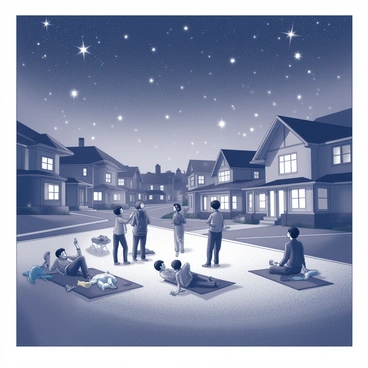 A neighborhood scene featuring a variety of houses with their lights turned off, casting a soft darkness over the area. Residents are gathered outside on a peaceful night, looking up at the starry sky. The stars are bright and numerous, twinkling against the backdrop of the night. Some residents are reclining on blankets laid out on the grass, while others are standing in groups, pointing up to the stars and chatting animatedly about constellations. A few children are lying on their backs, gazing in wonder at the celestial display. The scene captures a sense of community and shared appreciation for the natural beauty of the night sky.