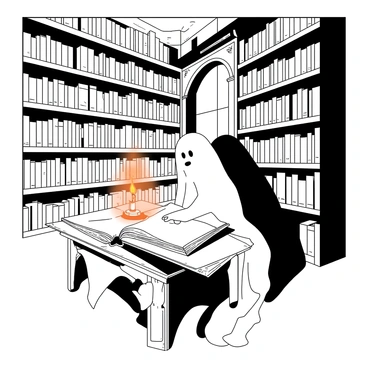 An ancient library filled with white dusty books stacked on wooden shelves that reach the ceiling. In the center, there is a ghostly figure with a translucent form, sitting at an ornate wooden table. The figure is reading a large, open book by the light of a flickering orange candle. Shadows dance around the room as the candlelight flickers, casting a warm glow on the surrounding books and shelves. The atmosphere is quiet and still, enhancing the mystical presence of the ghostly figure.