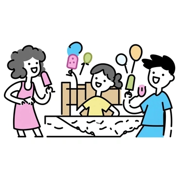 A backyard party scene with children happily holding different flavored popsicles. There are three children: a girl with curly brown hair wearing a pink dress, holding a red strawberry popsicle; a boy with short black hair in a blue t-shirt, enjoying a green lime popsicle; and another girl with pigtails in a yellow shirt, holding an orange popsicle. In the background, there are colorful balloons tied to a wooden fence and a picnic table covered with a checkered tablecloth. Bright sunlight illuminates the scene, creating a cheerful atmosphere.
