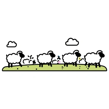 A group of sheep with fluffy white wool marching in synchronized steps across a lush green meadow. The sheep are positioned in neat rows, displaying a sense of order and cohesiveness. Some sheep are raising their heads, while others have their heads down, grazing on the grass. The meadow is dotted with wildflowers in various colors, adding vibrancy to the scene. The sky is clear with a few fluffy clouds providing a light backdrop. The overall composition emphasizes the organized movement of the sheep as they traverse the open field.