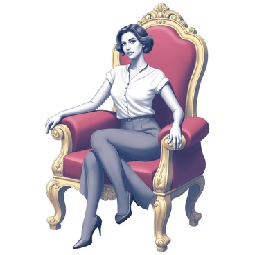 A woman named "Priscilla" is sitting confidently on an ornate throne. The throne is elaborately designed, featuring intricate carvings and detailed embellishments. It is adorned with rich "red velvet" upholstery that contrasts with the golden finish of the throne. Priscilla is elegantly dressed, her posture exuding confidence as she rests her hands on the armrests, gazing forward with a composed expression. The setting around her is luxurious, enhancing the regal atmosphere of the scene.