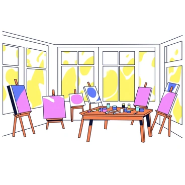 A bright artist's studio with a spacious layout. The walls are painted white, enhancing the light-filled atmosphere. Several wooden easels are positioned around the room, each holding canvases in various stages of completion. Paint tubes in vibrant colors are scattered across a worktable, along with brushes of different sizes. Large windows line one side of the studio, allowing warm sunlight to stream in, illuminating the space and creating a lively environment.