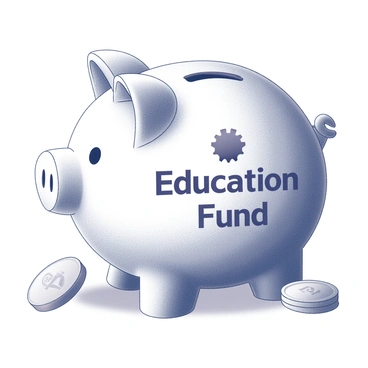 A piggy bank shaped like a traditional coin bank with a slot on top for coins. The bank is round and features a glossy finish. "Education Fund" is prominently displayed in bold, clear letters on the front of the piggy bank. Below the text, there is a logo or symbol that represents Sanchay Plus, indicating support for the fund. The piggy bank is set on a flat surface, surrounded by scattered coins, emphasizing its purpose for saving.