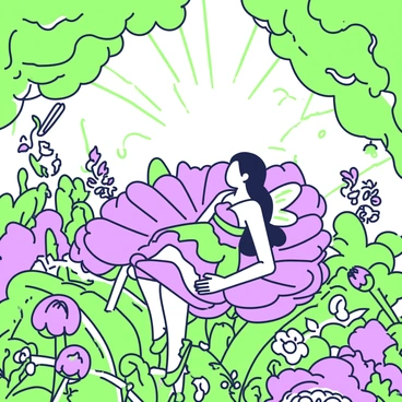 A fairy with delicate wings is lounging on a large, blooming flower in a mystical forest. The fairy has long, flowing hair and wears a dress made of petals. The flower is vibrant and detailed, with intricate layers of petals and a lush green stem. Surrounding the flower are various other plants and foliage, creating a rich environment. Sunlight filters through the dense canopy of leaves above, casting dappled light onto the scene. In the background, hints of other magical creatures can be seen peeking through the trees.