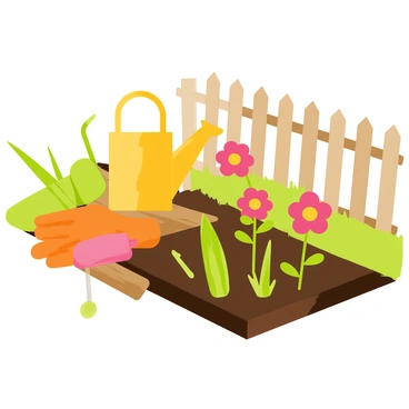 A variety of garden tools including a green trowel, a yellow watering can, and orange gloves are resting on a wooden surface beside a patch of brightly colored freshly planted flowers. The flowers have pink petals and yellow centers, creating a vibrant contrast against the dark, rich soil they are planted in. The background features a green lawn and a wooden fence, suggesting a peaceful backyard setting.