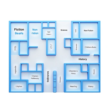 A library floor plan with arrows showing where to find different book genres