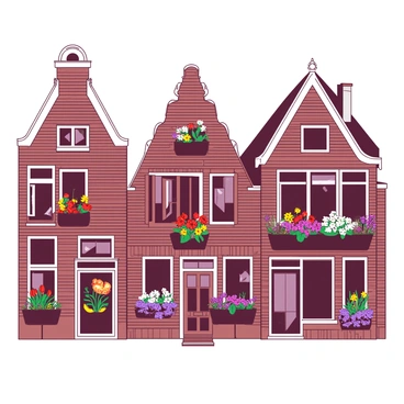 A row of tall, narrow brick houses in Amsterdam, each with distinctive gabled roofs. The windows of these houses are adorned with vibrant flower boxes overflowing with various colorful flowers. The flower boxes are filled with bright red tulips, sunny yellow daisies, and deep purple pansies. Each house has a unique facade, with intricate details and shutters that complement the decor. Above the windows, some houses feature small balconies with decorative railings, enhancing the charming look of the street scene.