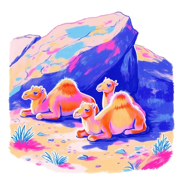 A group of three camels is resting comfortably in the shade of a large, rugged boulder. The camels have sandy brown fur, with one camel having a more pronounced hump than the others. Their legs are folded neatly beneath them, and their heads are lowered as they relax. The boulder is gray with dark patches and casts a distinct shadow on the ground. Surrounding the scene are scattered patches of dry grass and small rocks, emphasizing the arid landscape.